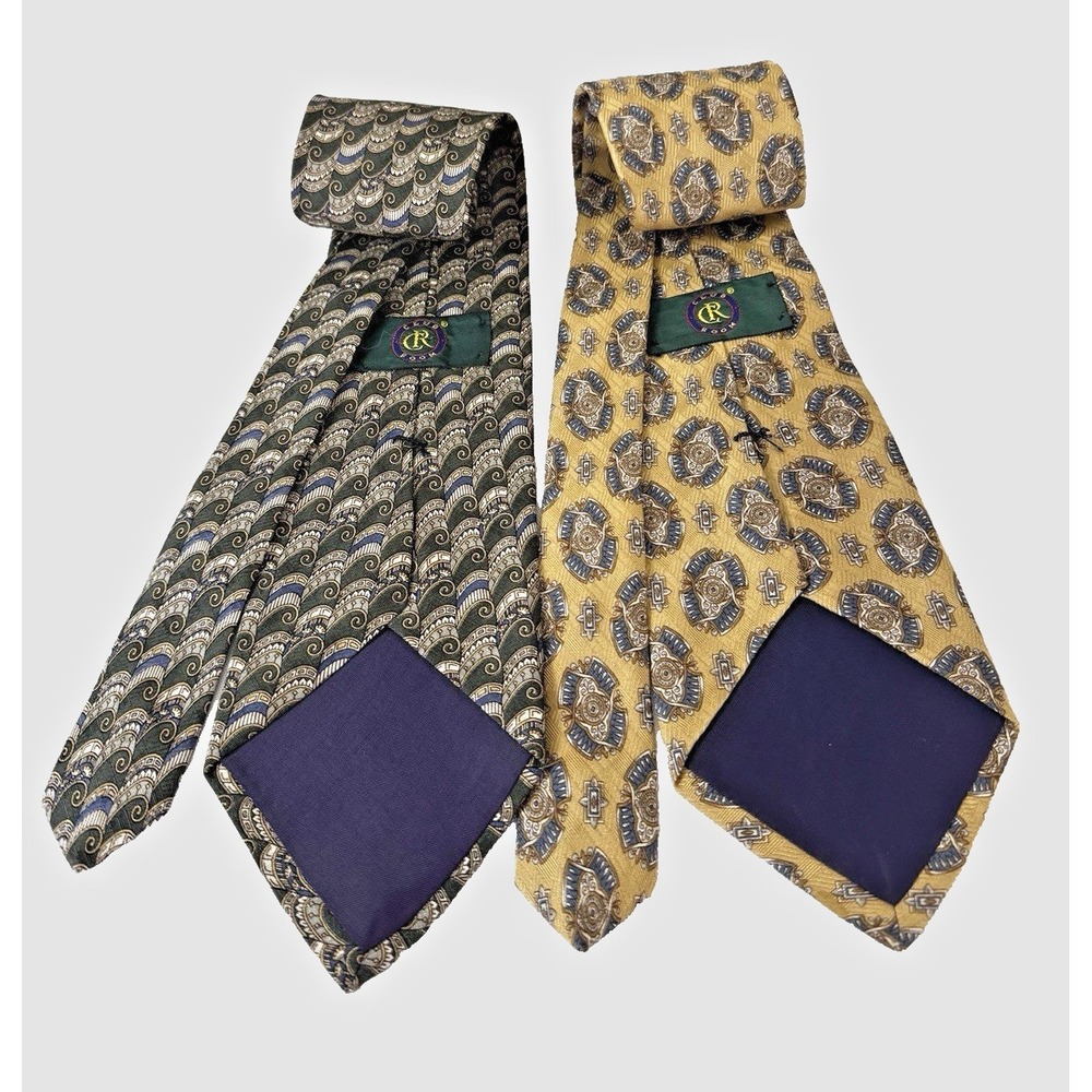 Vintage Club Room Mens 2 Silk Ties Paisley Scrolls Medallion Butter Yellow Green